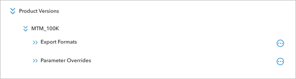 Map products in the Product Versions node with MTM_100K map product expanded to show Export Formats and Parameter Overrides nodes Map products in the Product Versions node with MTM_100K map product expanded to show Export Formats and Parameter Overrides nodes